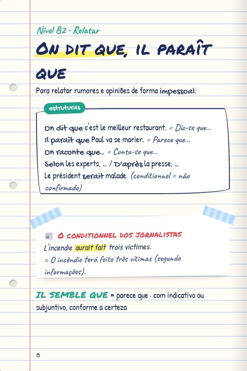 Página do caderno Nível B2 (Francês): On dit que, il paraît que — relatar rumores