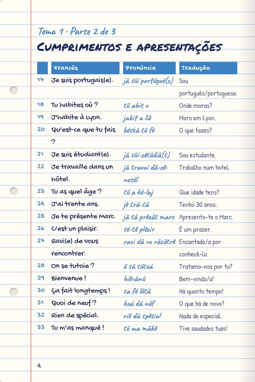 Página do caderno 500 Frases (Francês): Cada frase com pronúncia e tradução